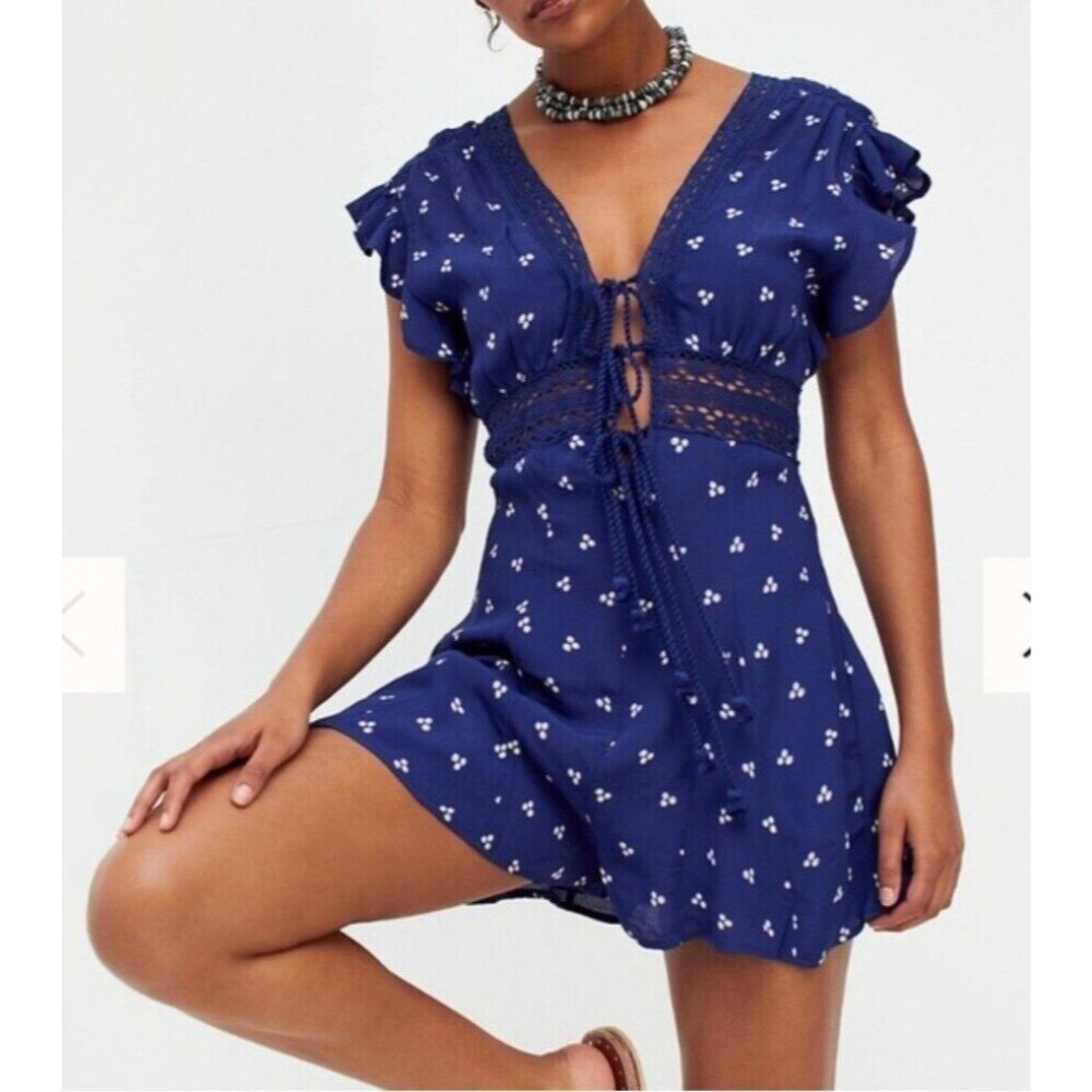 Free People Womens XS Morning Sun Blue‎ Crochet Romper Tie Front V Neck